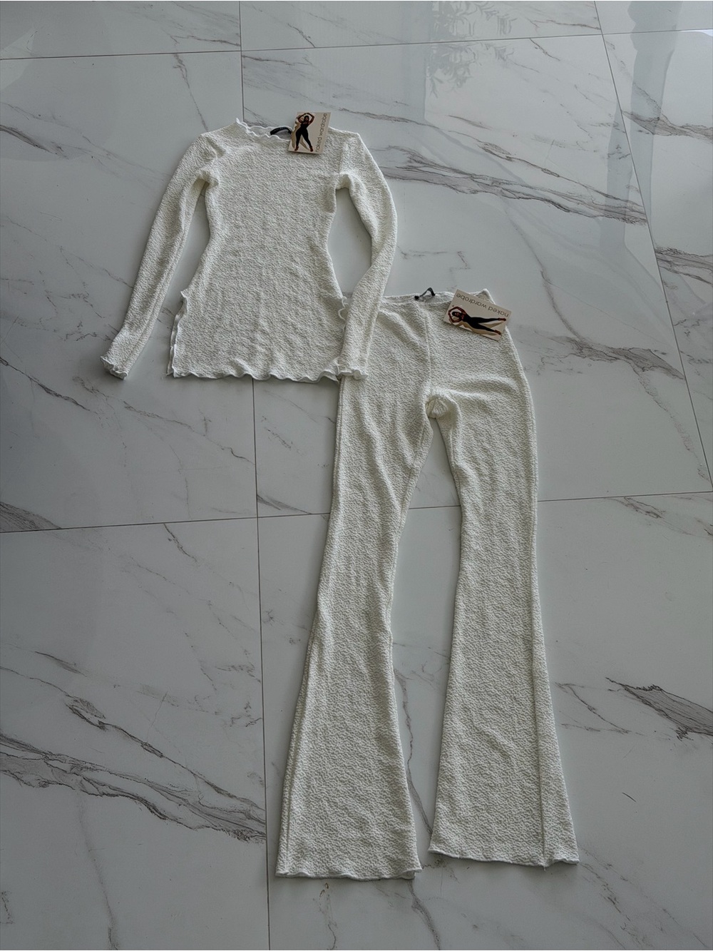naked wardrobe Cream Textured Knit Flare Pants with Long Sleeve Top Set